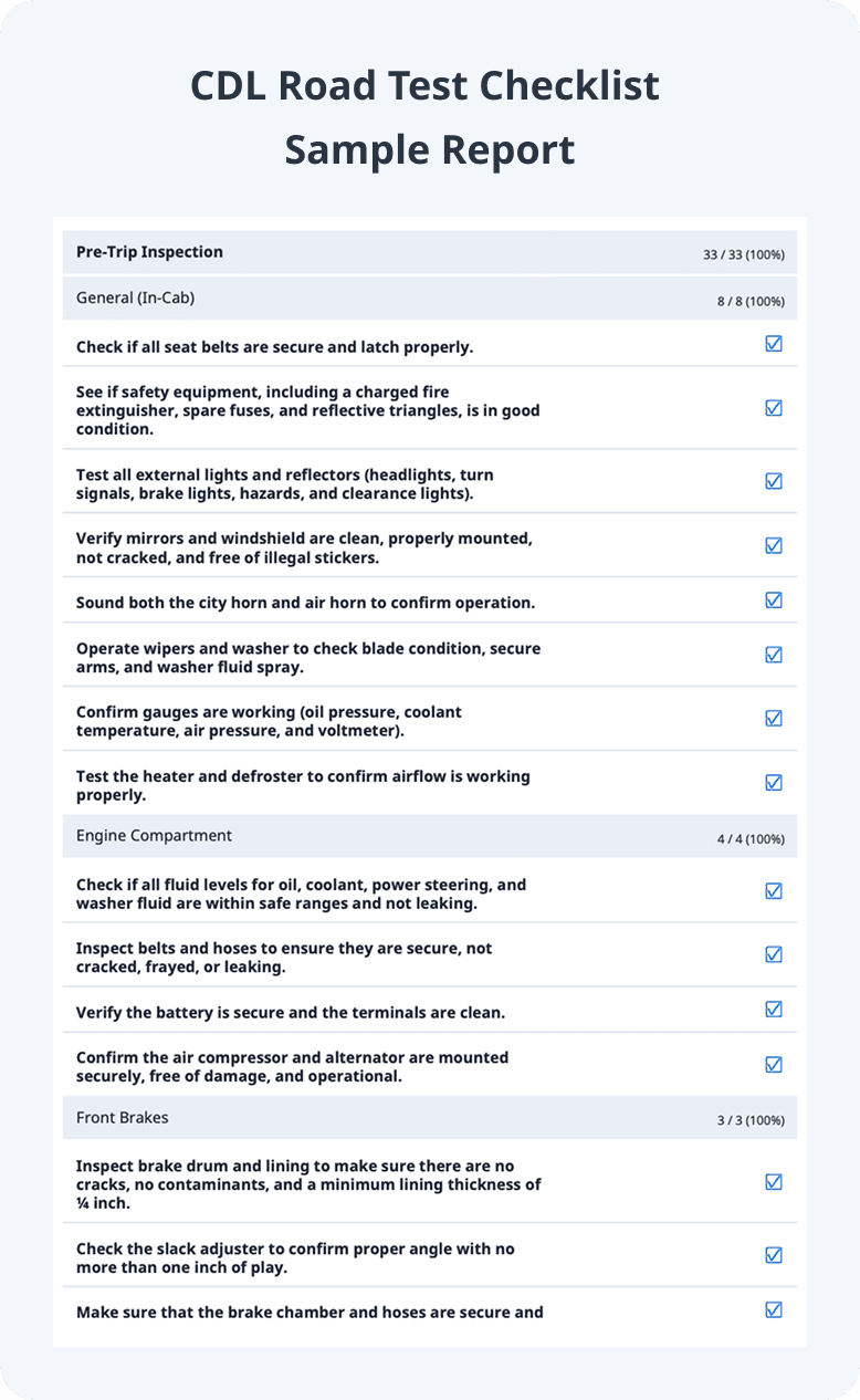 CDL Road Test Checklist Sample PDF Report