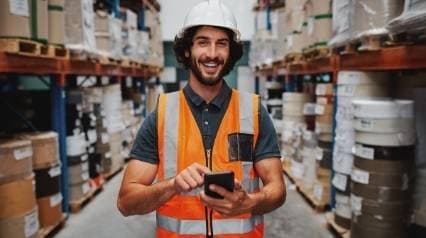 Técnico de mantenimiento utilizando su teléfono móvil para inspeccionar el equipo