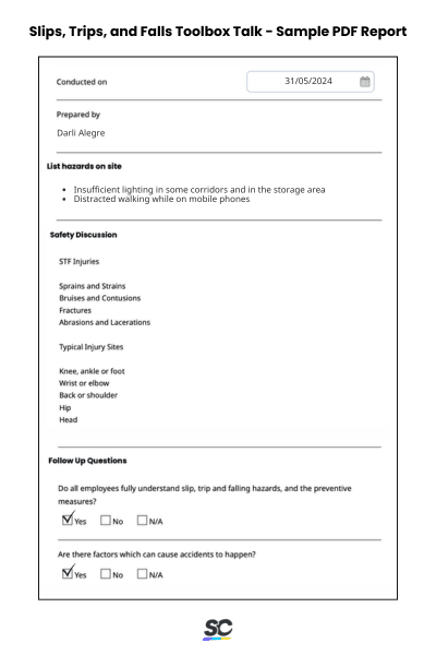 Slips, Trips, and Falls Toolbox Talk - Sample PDF Report