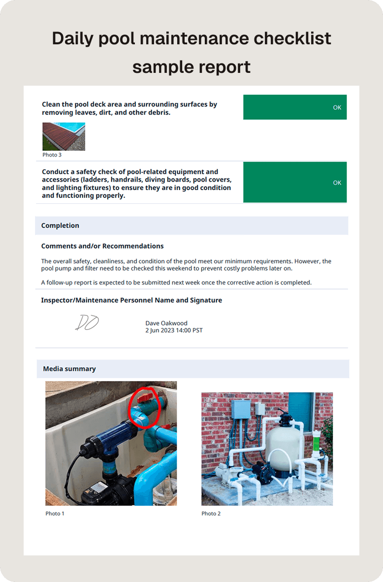 Pool Maintenance Checklist Sample Report