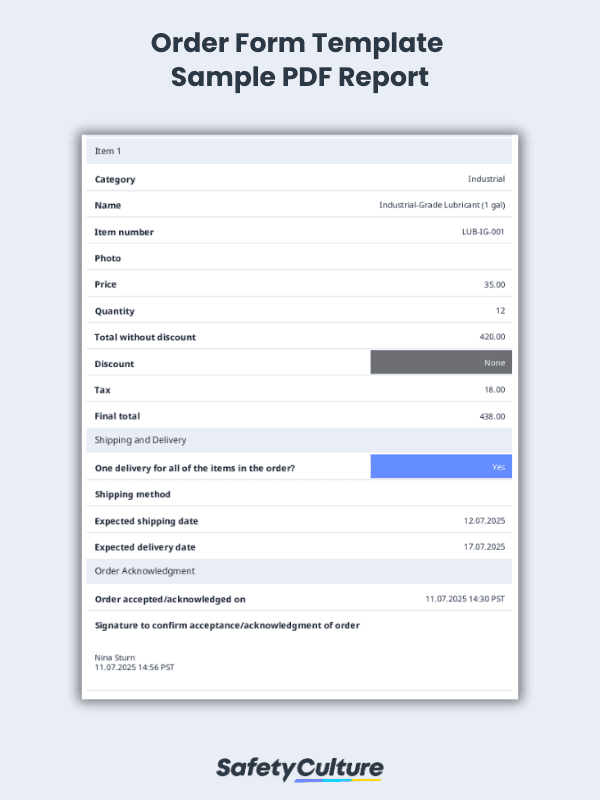 Order Form Template Sample PDF Report