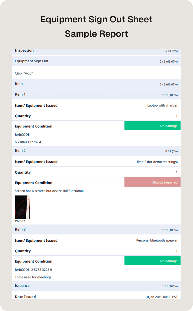 Equipment Sign Out Sheet Sample Report