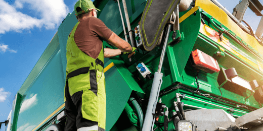 Waste management worker operating a green garbage truck.
