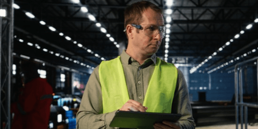 Supervisor in a hi-vis vest and safety glasses using a tablet inside a warehouse