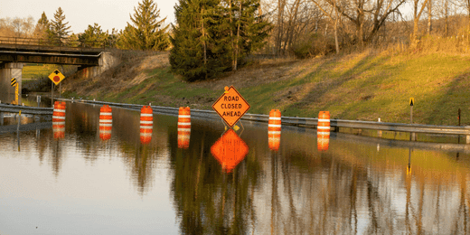 Flooded road under flood risk management