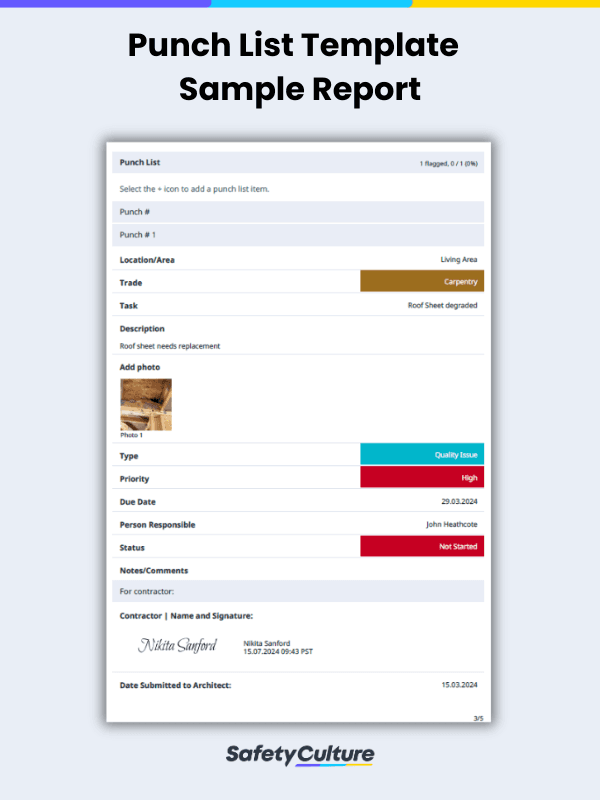 Punch List Template Sample Report