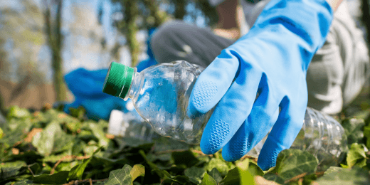 Gloved hand collecting a plastic bottle from leaves during a litter cleanup.
